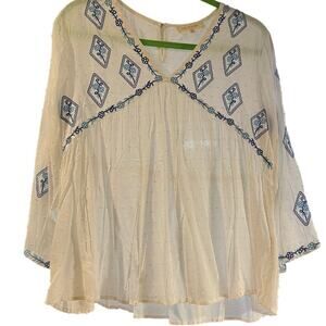 Cream and Blue Embroidered Blouse